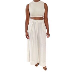 Revolve Babylon Collection Wide Leg Cuffed Trouser Pants in White Cream
